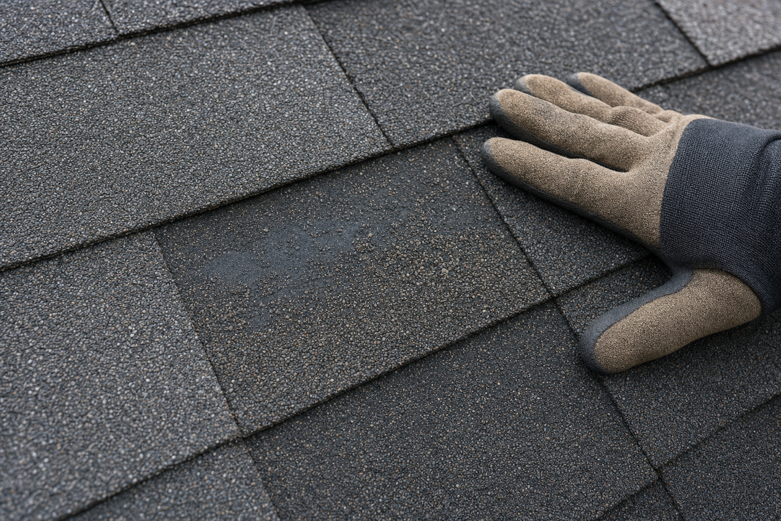 close-up documentary photo of granule loss on charcoal architectural asphalt shingles beside a gloved hand, damage close-up plus insurance context style, educational not alarmist, no unsafe roof edge visible, no text on image