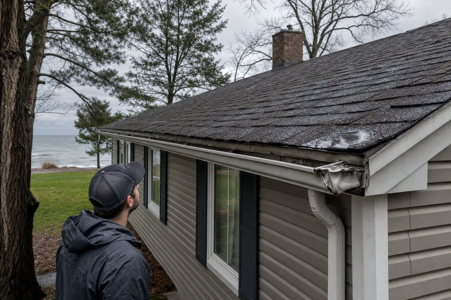 close documentary photo from ground level of a weathered wood architectural asphalt-shingle roof on a modest Lake County ranch home, visible gutter dents and spring storm puddles, vinyl siding, mature trees, overcast Lake Michigan moody gray light, no text on image