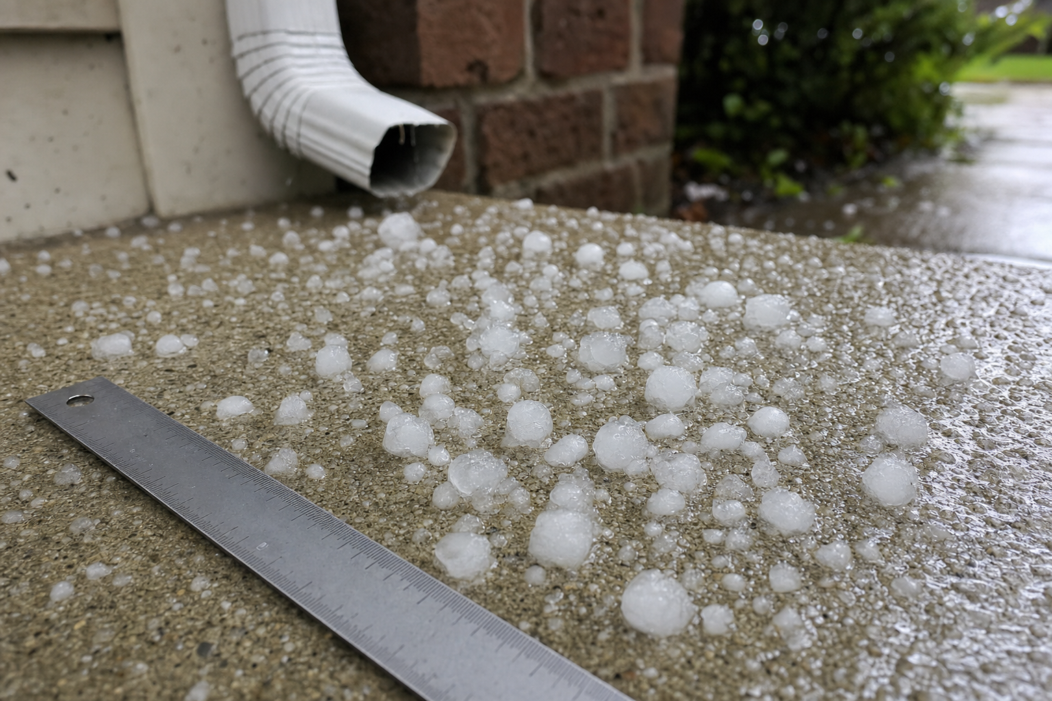 primer plano realista de granizo sobre una entrada de concreto en una casa de Lake County, una regla metálica junto a las piedras de granizo para mostrar tamaño, canaleta y bajante al fondo, luz nublada después de tormenta, sin texto en la imagen