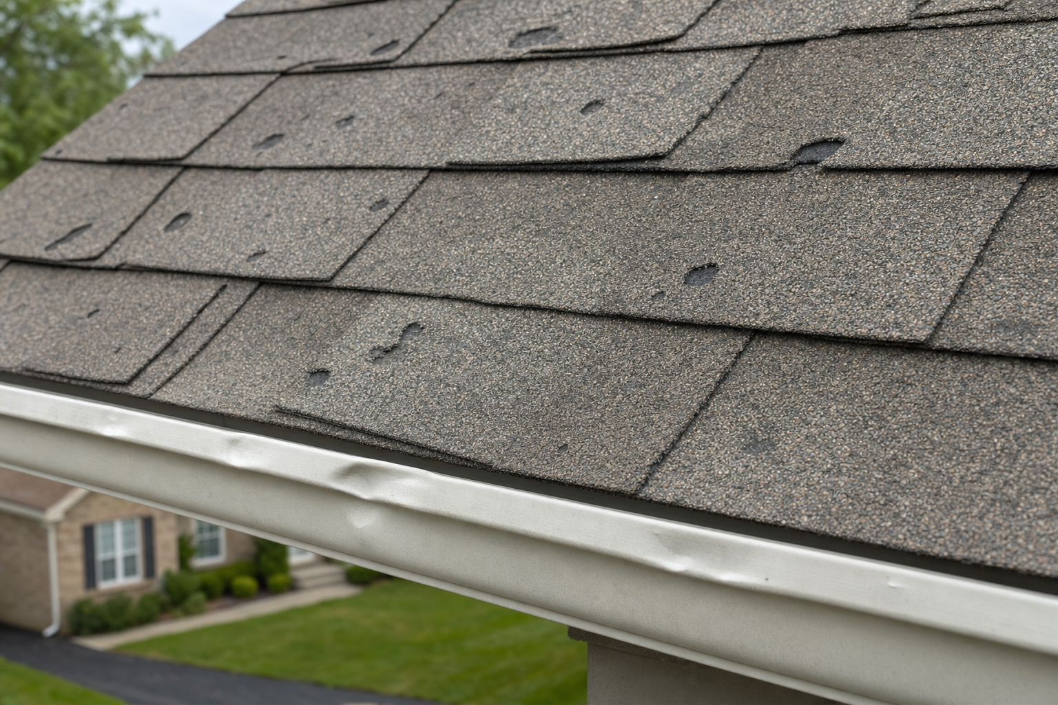 close-up documentary photo of asphalt shingles with visible granule loss and small hail bruises beside a dented gutter, Lake County suburban home context, soft overcast daylight, no people, no text on image