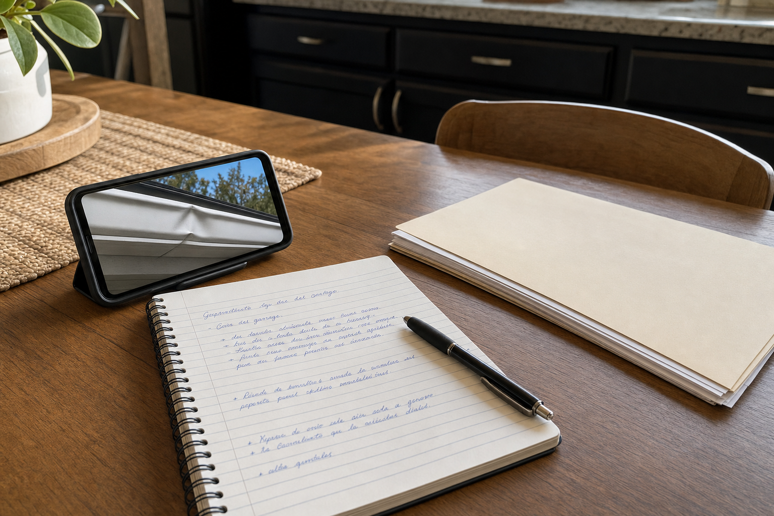 foto realista de una mesa de cocina con teléfono mostrando fotos de canaletas abolladas, libreta con notas escritas a mano en español, carpeta de documentos de vivienda sin marcas ni texto legible, luz natural de tarde, ambiente tranquilo