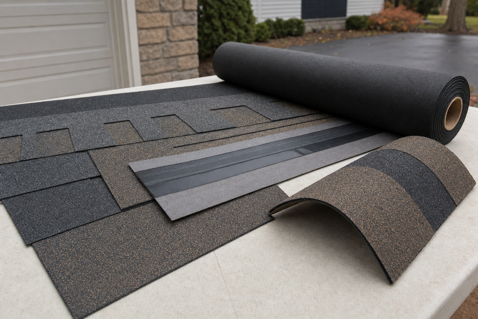 close documentary photo of layered roofing materials on a clean work table in a Lake County driveway, architectural shingles, underlayment roll, starter strip, ridge cap sample, soft overcast light, no logos or text