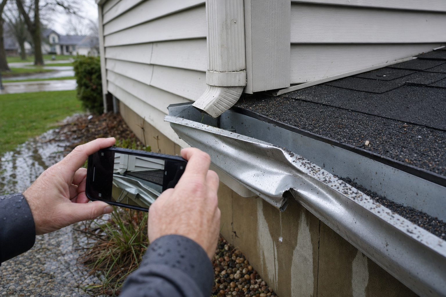 close-up documentary photo of dented aluminum gutter and scattered shingle granules near a downspout on a Lake County IL ranch home after rain, hands holding a phone taking a reference photo, no logos, no text; include visual directives: "Damage close-up + insurance context," "Vinyl siding is dominant," "storm puddles in spring"