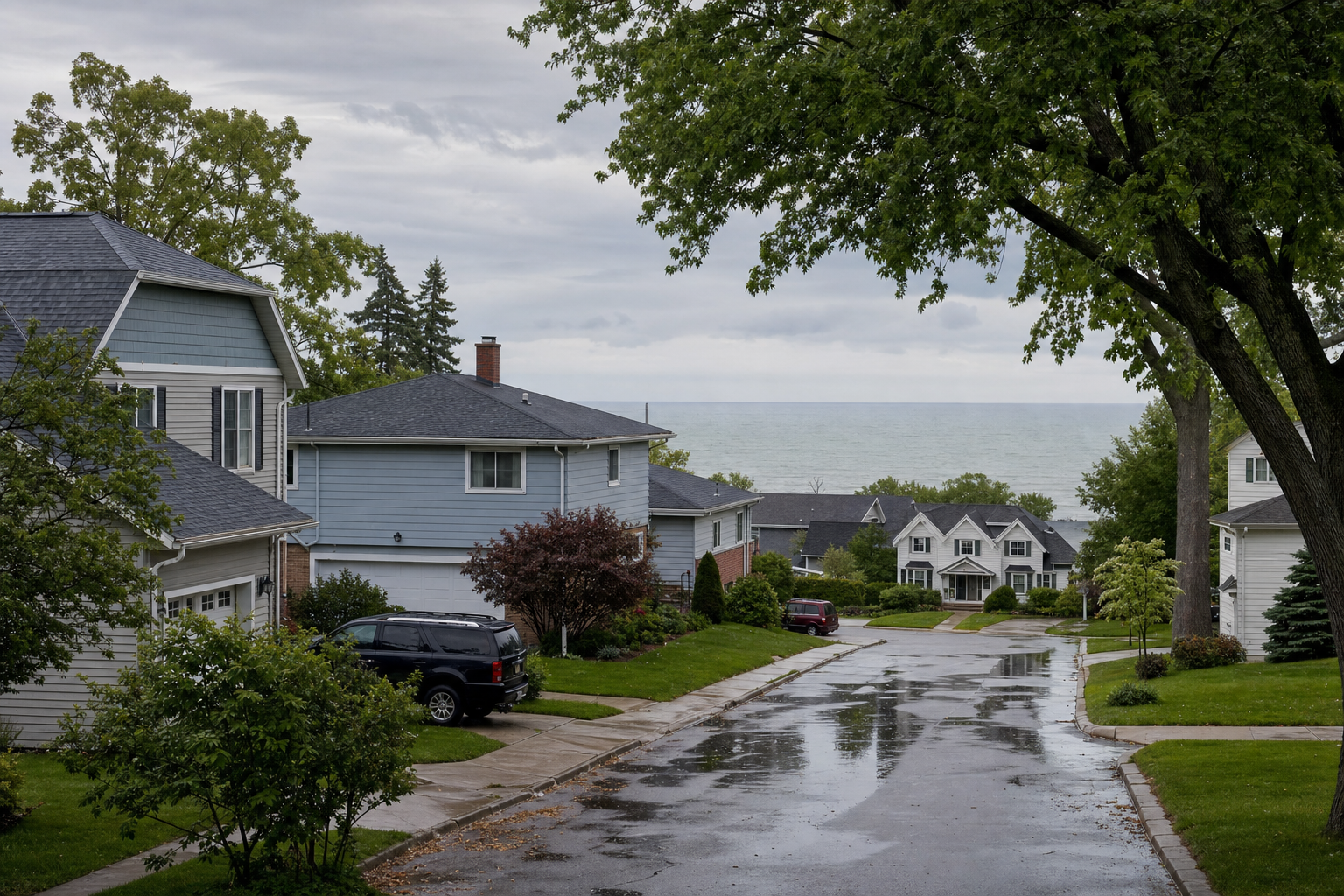 documentary photo of an overcast Lake County street with storm puddles, mature trees, modest split-level and Colonial homes, rooflines clearly visible, Lake Michigan moody gray sky, real-feeling after-storm readiness, no text on image