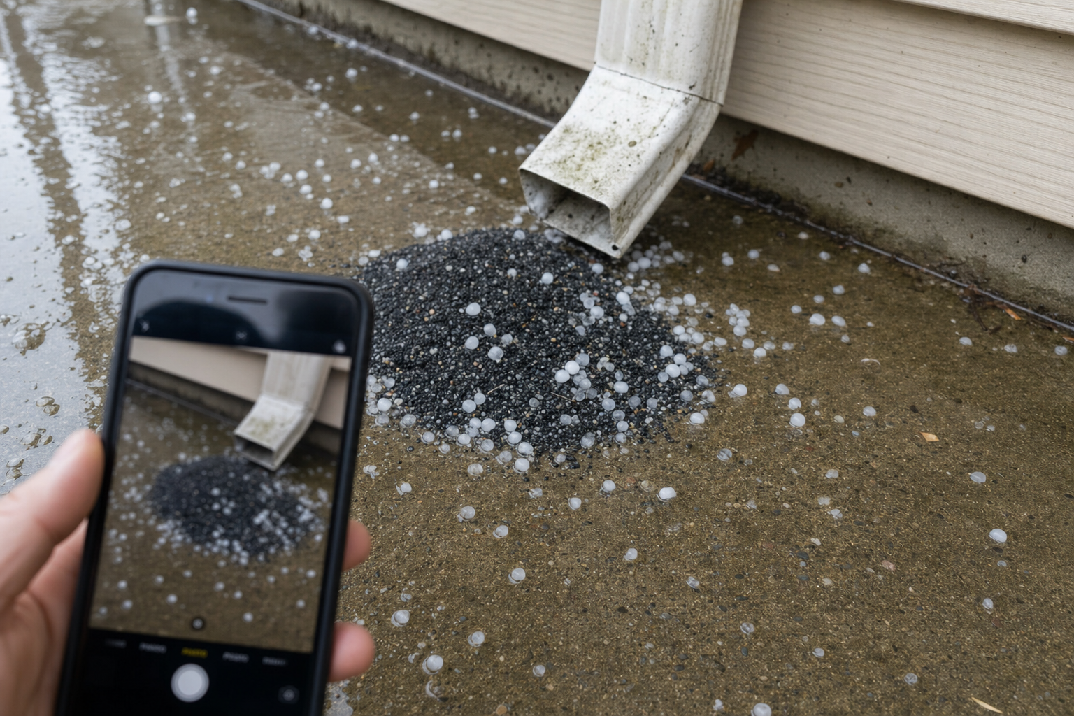 homeowner POV photo of a phone camera photographing hail pellets beside an asphalt shingle granule pile near a downspout, modest Lake County concrete driveway, vinyl siding background, spring storm puddles, no text on image