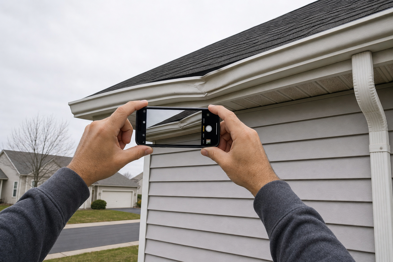 manos de propietario tomando una foto con celular de una canaleta abollada en una casa suburbana de Gurnee, revestimiento de vinilo gris claro, cielo nublado, estilo documental realista, sin texto en la imagen