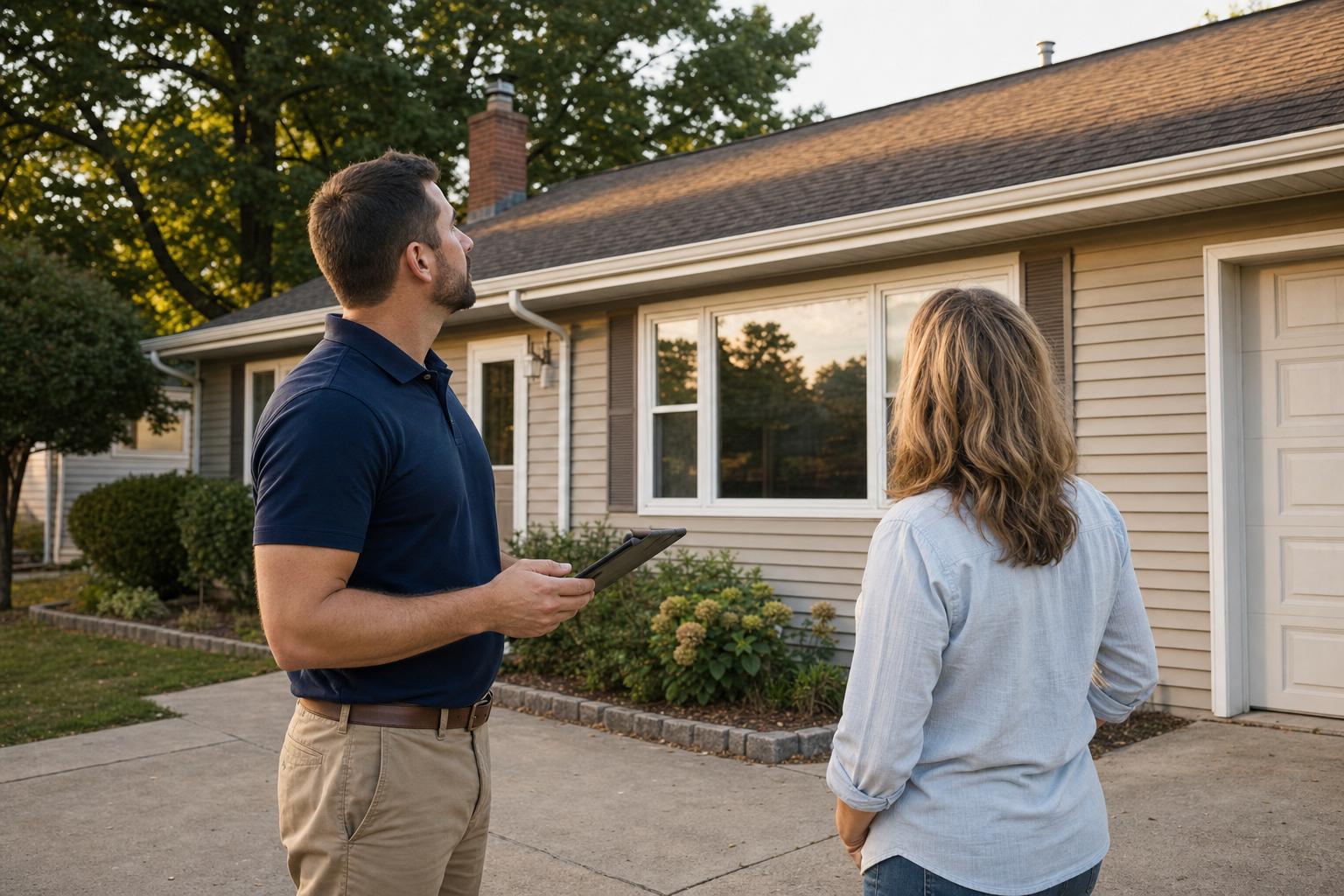 documentary photo of a Lake Point exterior inspector standing on a driveway with a homeowner, both looking up toward the roofline of a modest vinyl-sided Lake County ranch home, inspector in plain solid dark navy polo with no logo or text, tablet in hand, golden-hour light, no text on image