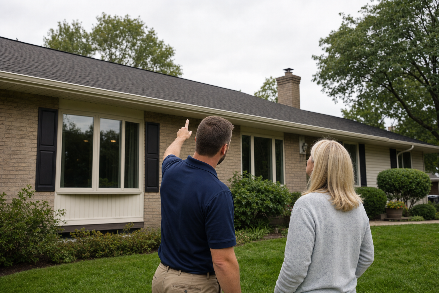 documentary photo of a Lake Point Exteriors project manager standing on the ground beside a Lake County ranch home, pointing up toward the roofline with a homeowner, plain solid dark navy polo, khaki chinos, no visible logo or text, chest angled away, overcast afternoon light