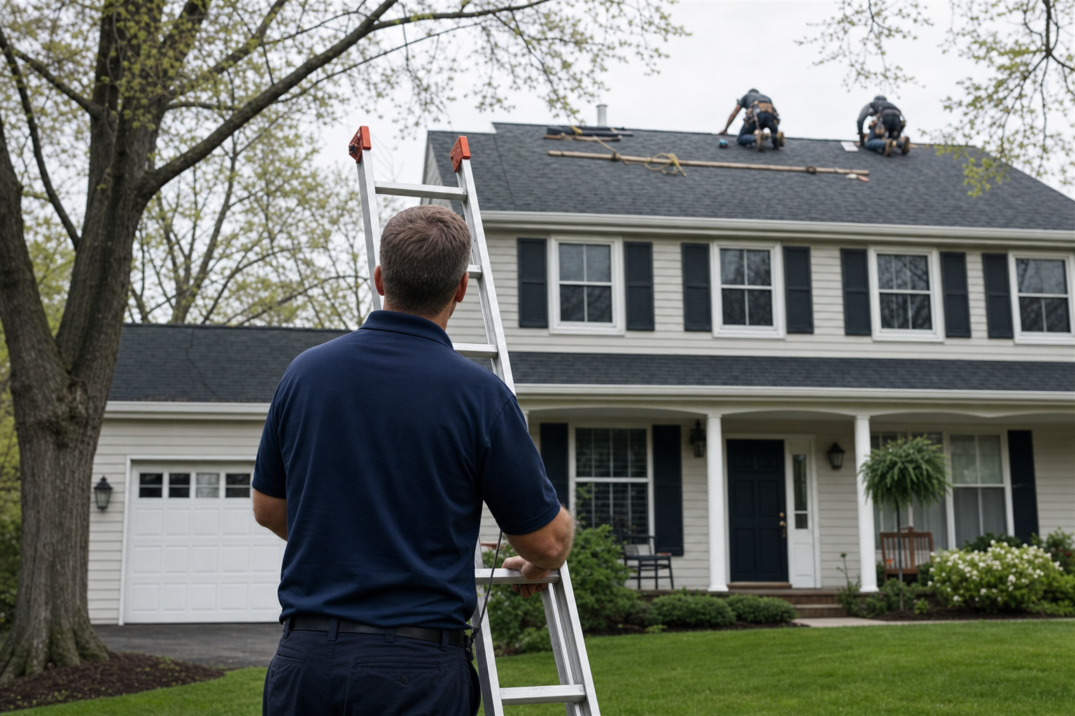realistic roof inspection scene on a modest Lake County IL two-story Colonial with charcoal architectural shingles, inspector photographed from behind in plain dark navy polo with no visible logo or text, using ladder safely, overcast spring light, no text; include visual directives: "Crew working on a roof," "No tile roofs," "modest front lawns with mature trees"