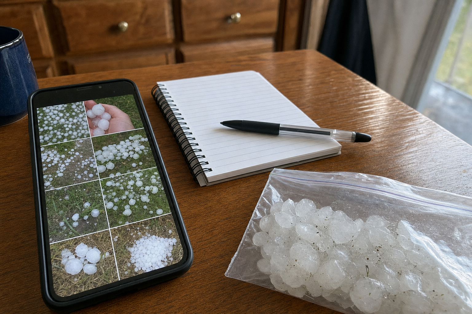 foto documental de una mesa de cocina con teléfono mostrando fotos de granizo, libreta con notas de fecha y hora, muestras de gránulos en una bolsa transparente, luz natural suave, sin texto