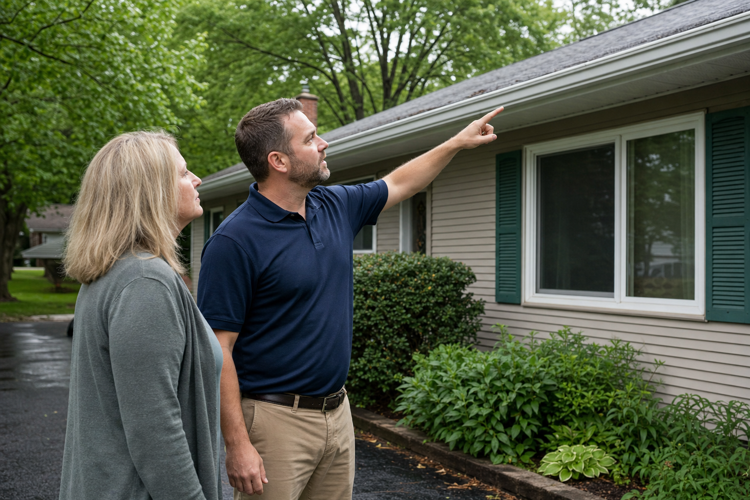 documentary medium shot of a Lake Point exterior estimator standing on a driveway beside a homeowner and pointing up toward the roofline, plain dark navy polo with no visible logo or text, chest visible but not centered for branding, modest Lake County ranch home with vinyl siding, mature trees, damp pavement, calm professional mood, no text on image