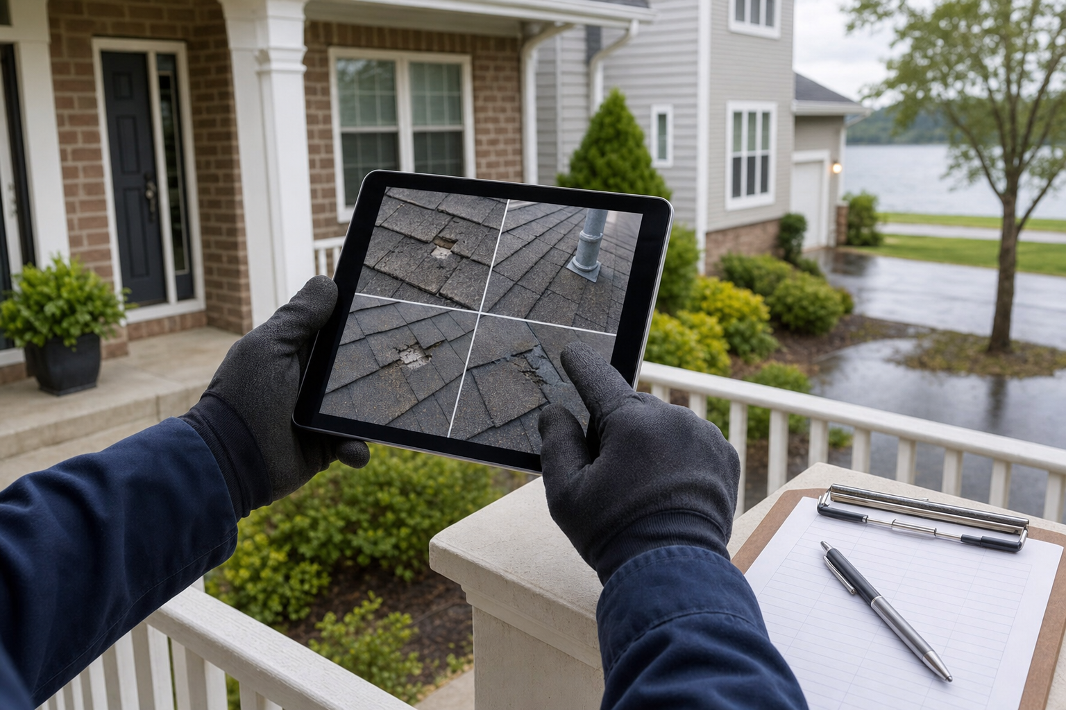 hands-only documentary photo of a roof inspector’s gloved hands reviewing roof photos on a tablet beside a clipboard on a Lake County porch, dark navy sleeve with no visible logo, brick-front and vinyl-sided suburban home background, calm after-storm light, no text on image