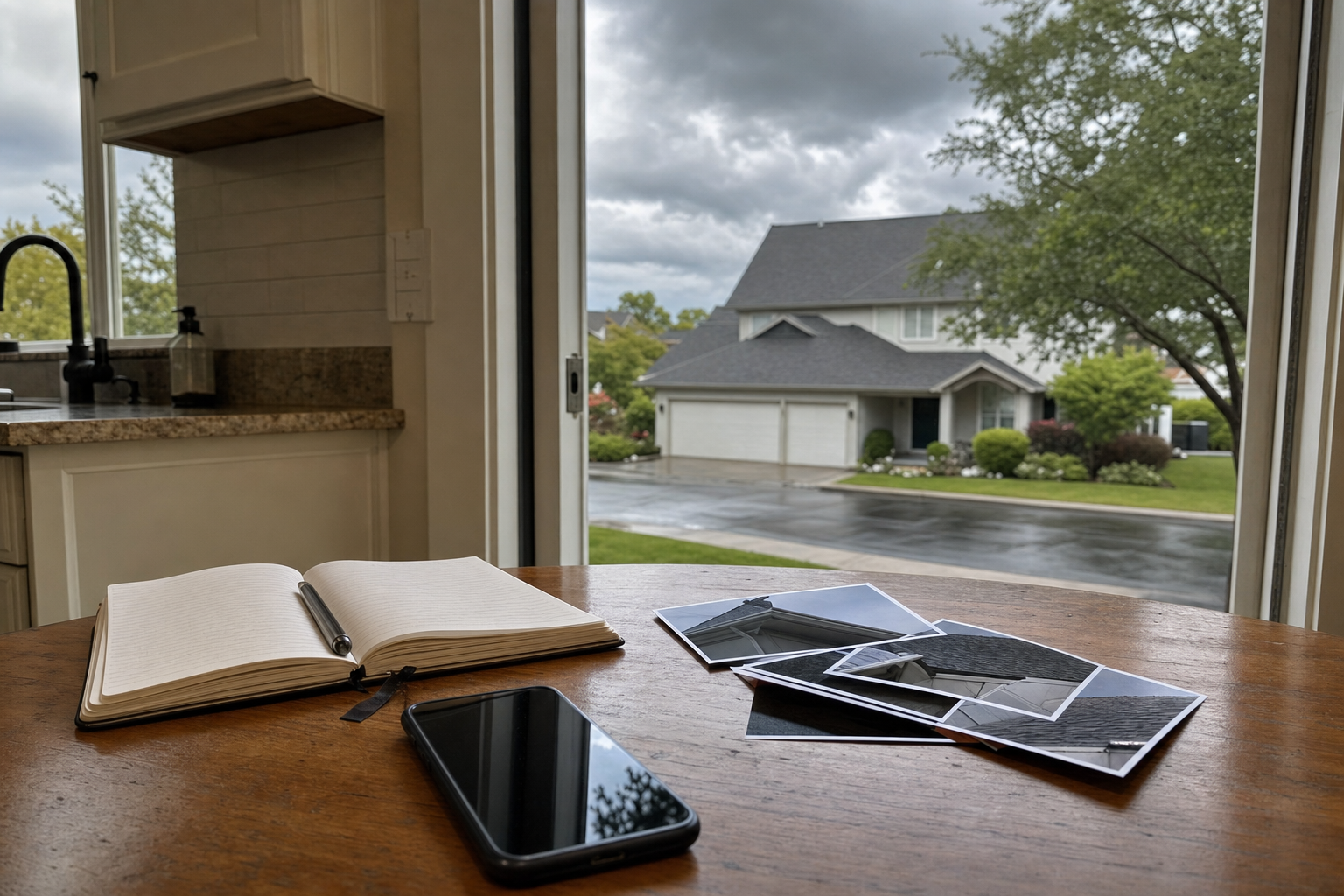 foto documental de una libreta, celular y fotos impresas sobre una mesa de cocina, al fondo se ve por la puerta una casa suburbana de Lake Forest con techo de tejas asfálticas y cielo gris después de tormenta, ambiente tranquilo, sin texto en la imagen