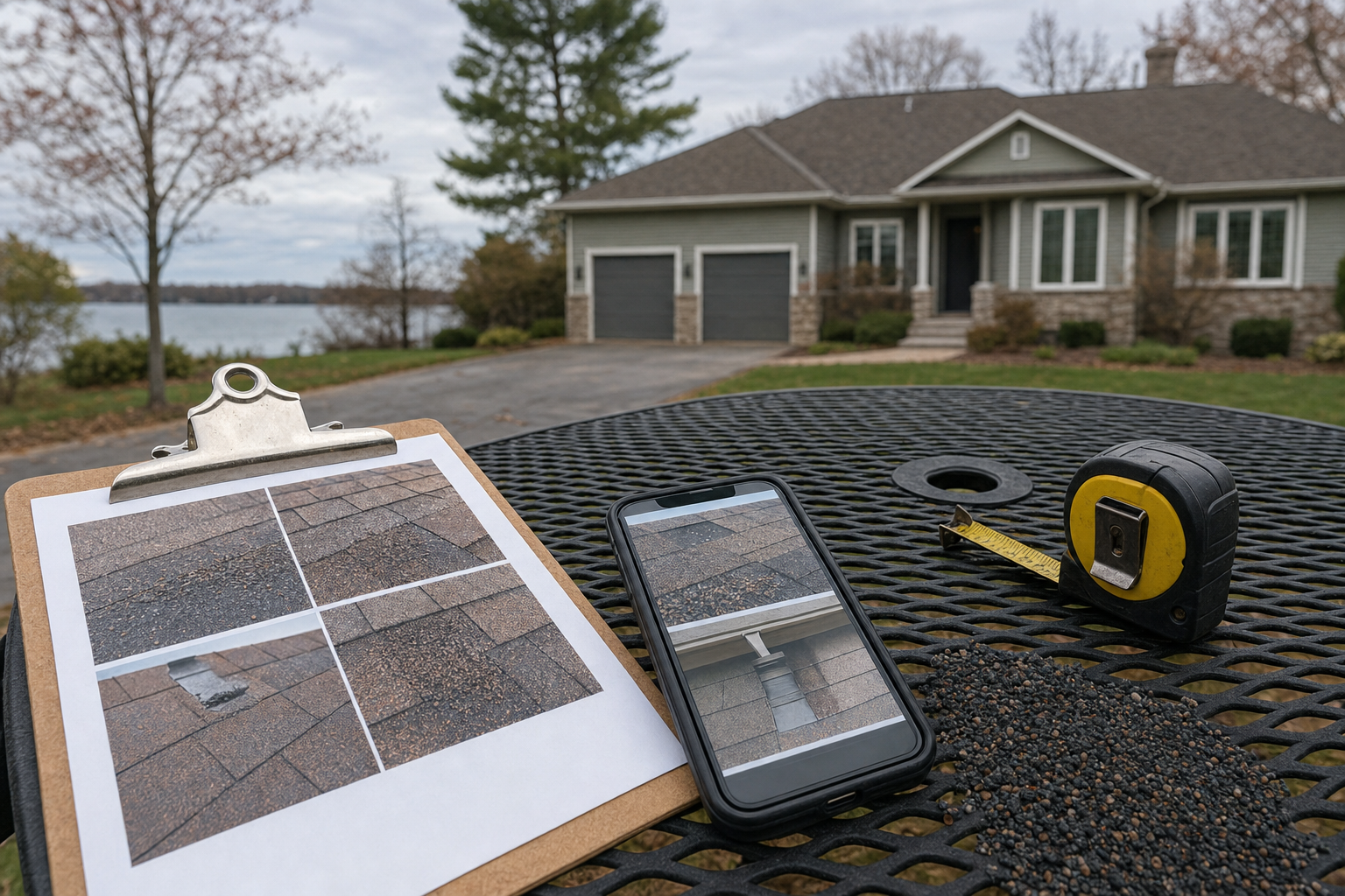 realistic photo of a clipboard and smartphone showing roof inspection photos on a driveway table beside loose asphalt shingle granules and a tape measure, modest Lake County home blurred in background, natural overcast light, no readable text