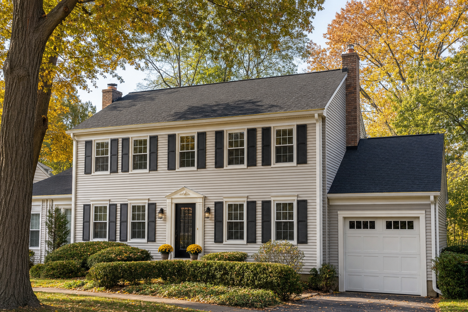 realistic photo of a finished architectural asphalt shingle roof on a modest Lake Forest IL Colonial home with vinyl siding, clean gutters and fascia, mature maple trees, soft fall light, no people, no text