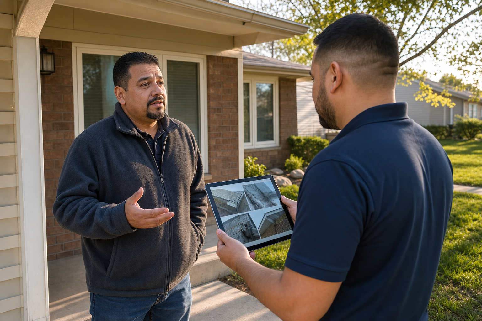 candid porch consultation at a Waukegan IL ranch home, homeowner in casual fleece speaking with exterior inspector shown from side/back in plain dark navy polo with no visible logo or text, tablet with damage photos, golden-hour spring light, no text; include visual directives: "Bilingual customer moment," "Homeowners: Mid-30s to 60s, working-class to middle-class," "Show them on porch / driveway / yard"