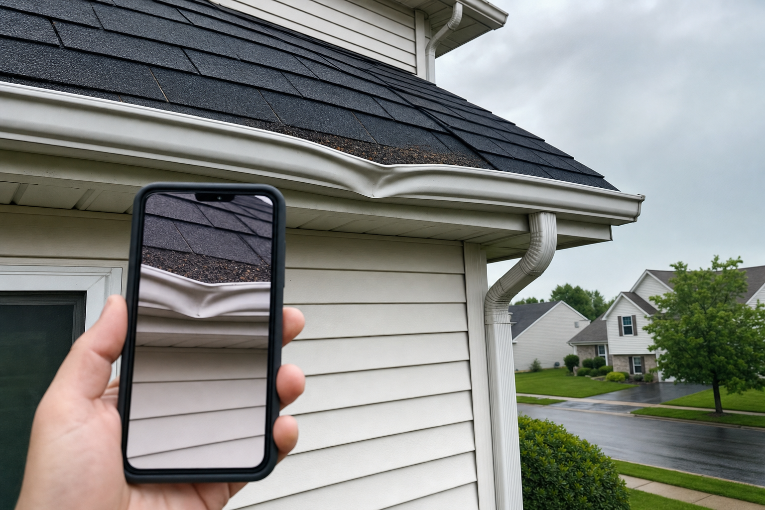 foto documental desde punto de vista de propietario mostrando teléfono tomando foto de canaleta abollada y gránulos de teja cerca de una bajante, casa suburbana de vinil claro en Waukegan, cielo nublado después de tormenta, sin rostros, sin texto