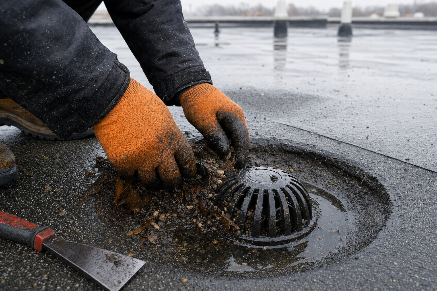 close documentary photo of a commercial roof drain being cleared of leaves and gravel on a low-slope roof, Waukegan-area commercial building context, overcast / Lake Michigan moody gray light, hands-only no visible logo or text, realistic maintenance detail