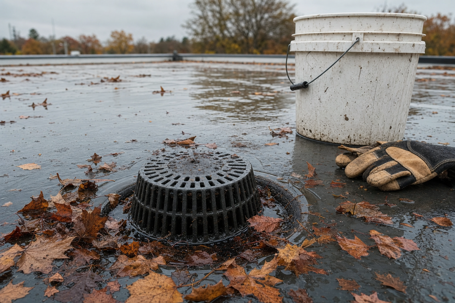 acercamiento realista de un drenaje en techo comercial plano con hojas húmedas alrededor, membrana clara, guantes de trabajo y cubeta al lado, luz nublada de otoño en Illinois, sin texto