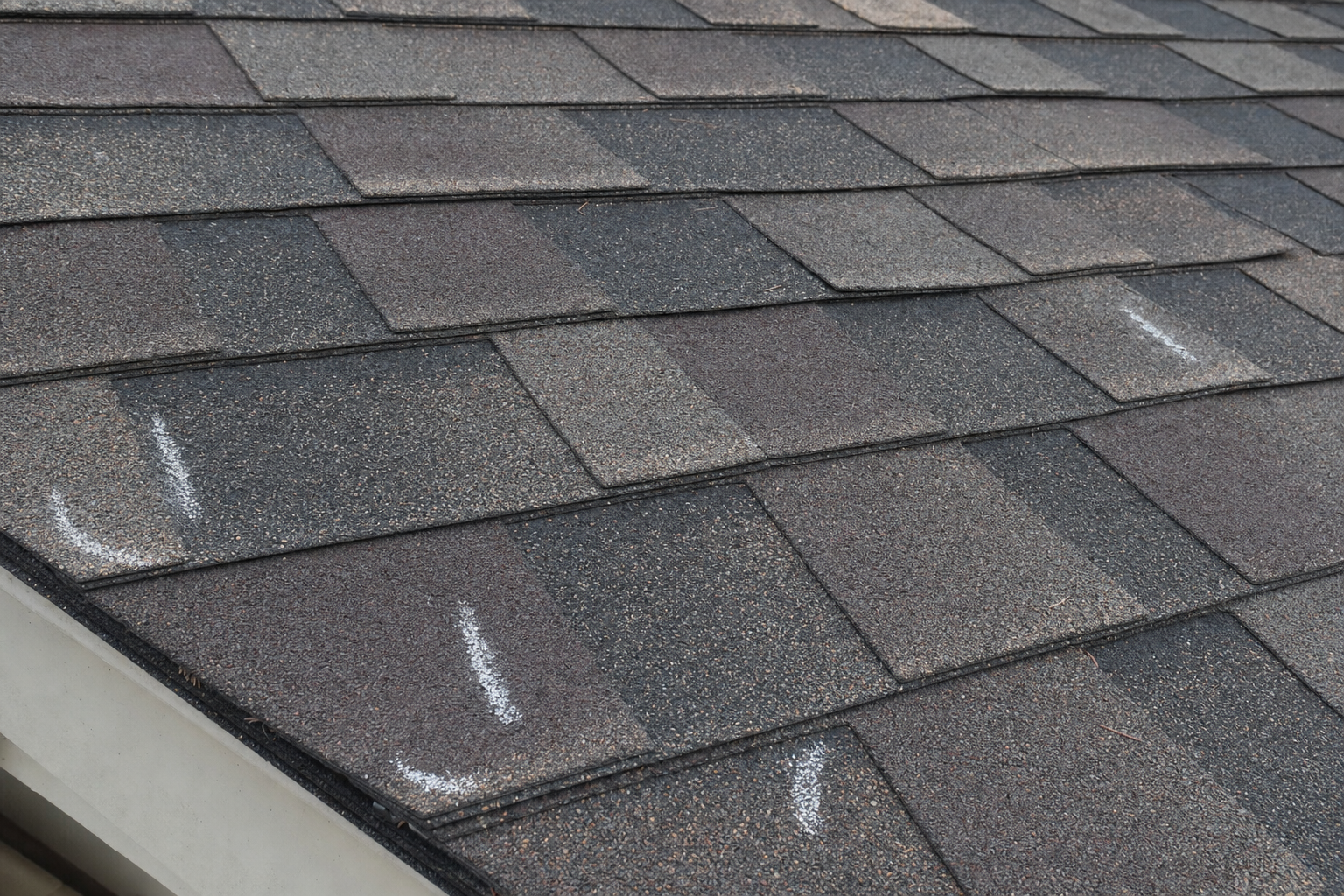 close-up documentary photo of architectural asphalt shingles on a Lake County Illinois roof, weathered wood and charcoal tones, inspection chalk marks near shingle edges, "asphalt shingle, mostly architectural / dimensional" style, overcast daylight, no people, no text on image