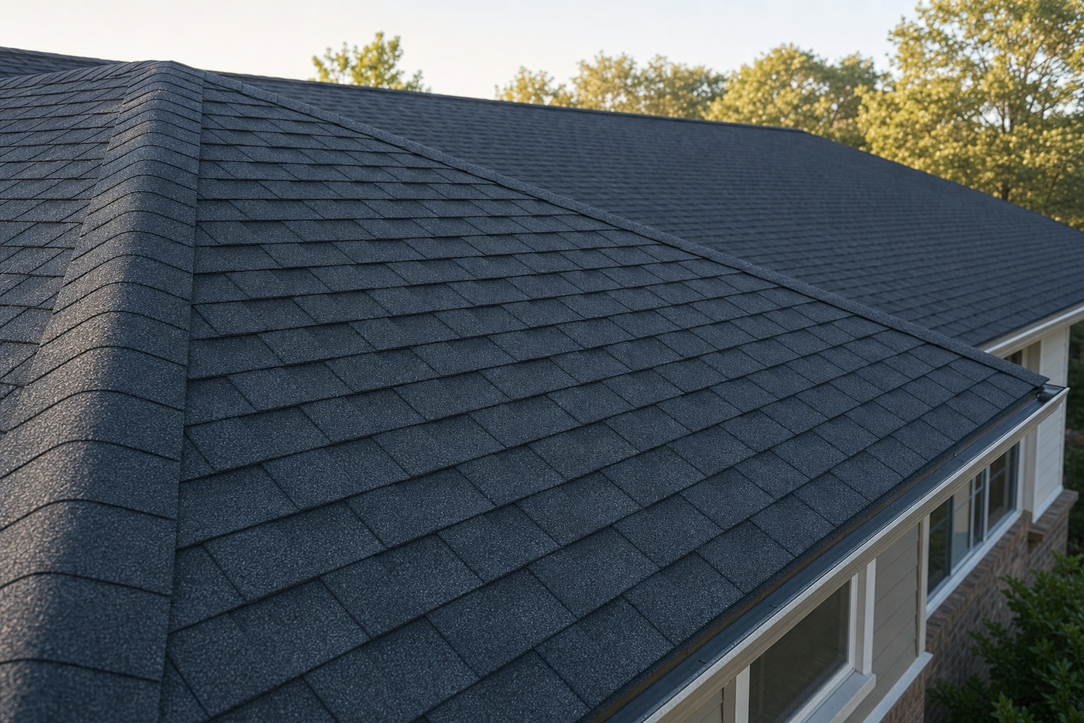close-up documentary photo of charcoal architectural asphalt shingles on a modest Lake County ranch roof, visible dimensional layers and clean ridge line, soft morning light, no people, no text on image