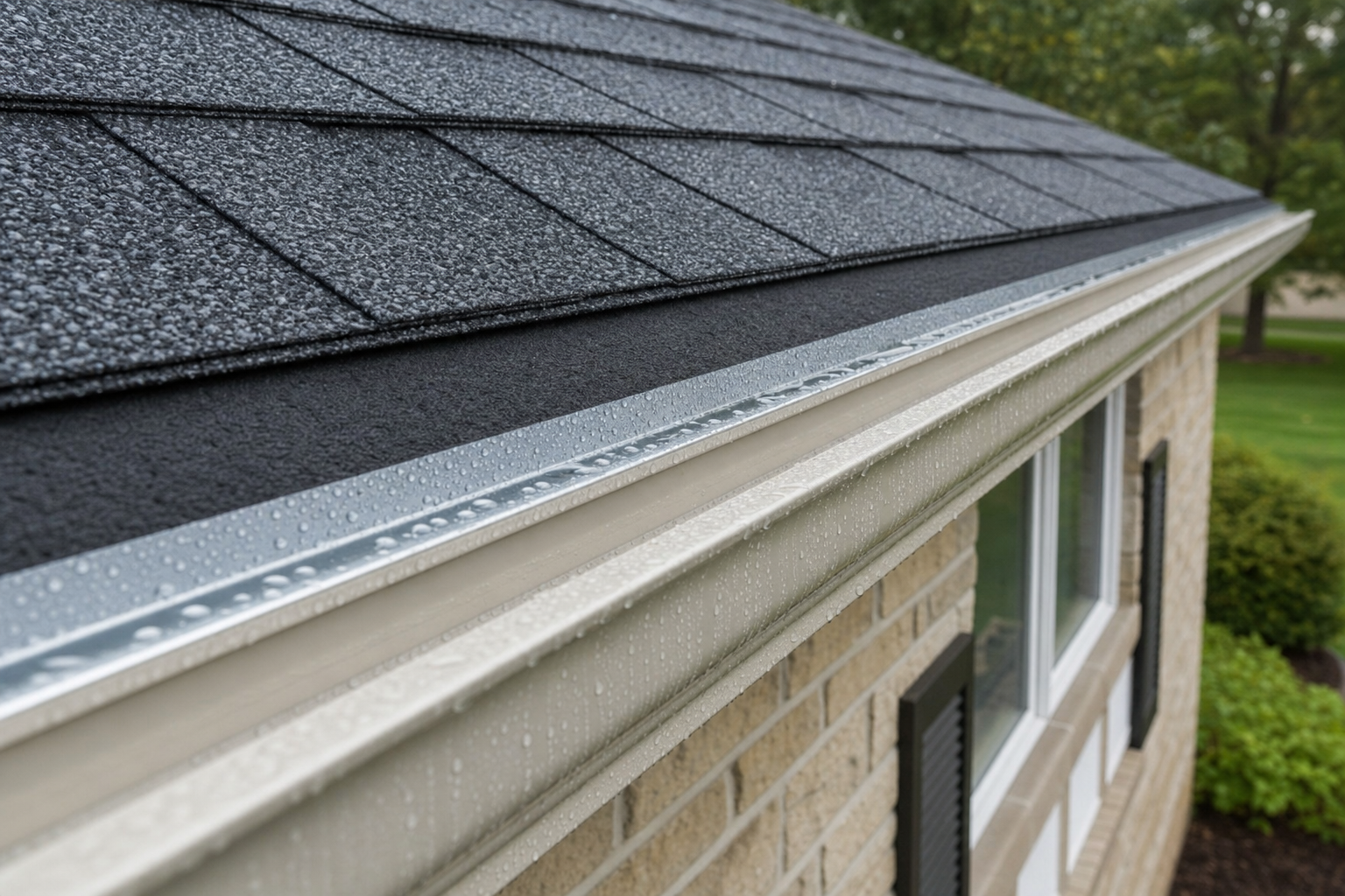 close-up documentary photo of architectural asphalt shingles, starter strip edge, metal drip edge, and clean gutter line on a modest Illinois ranch home after light rain, no people, no text on image