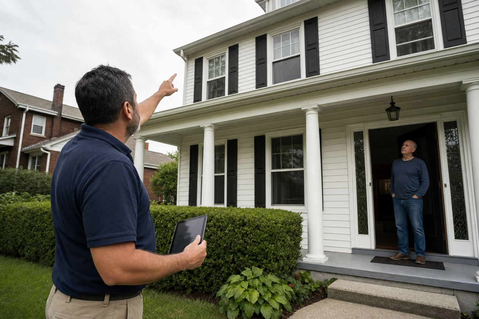 foto documental de un estimador de exteriores en el suelo junto a una casa de dos pisos estilo colonial en Waukegan, señalando la línea del techo con una tableta en la mano, polo sólido azul marino oscuro sin logotipo ni marca visible, propietario escuchando en la entrada, tarde nublada, sin texto