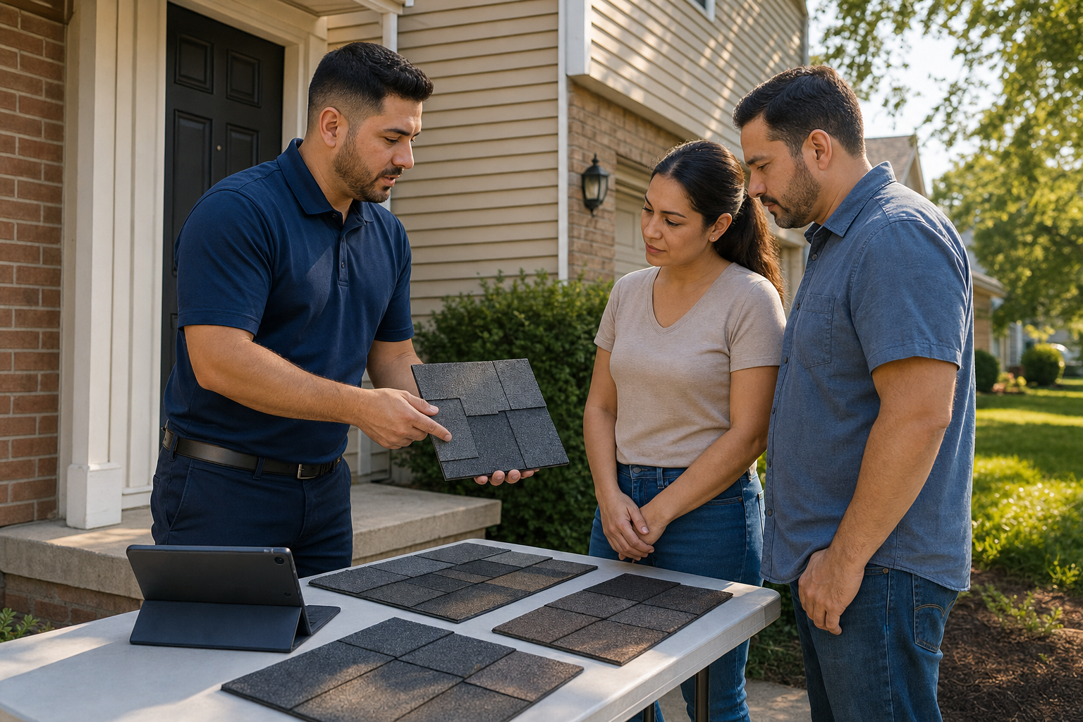 foto documental de un contratista de Lake Point Exteriors explicando muestras de tejas a una pareja en la entrada de una casa suburbana de Waukegan, polo sólido azul marino oscuro sin logotipo visible, tableta y muestras sobre una mesa plegable, luz de tarde, ambiente tranquilo y profesional, sin texto en la imagen