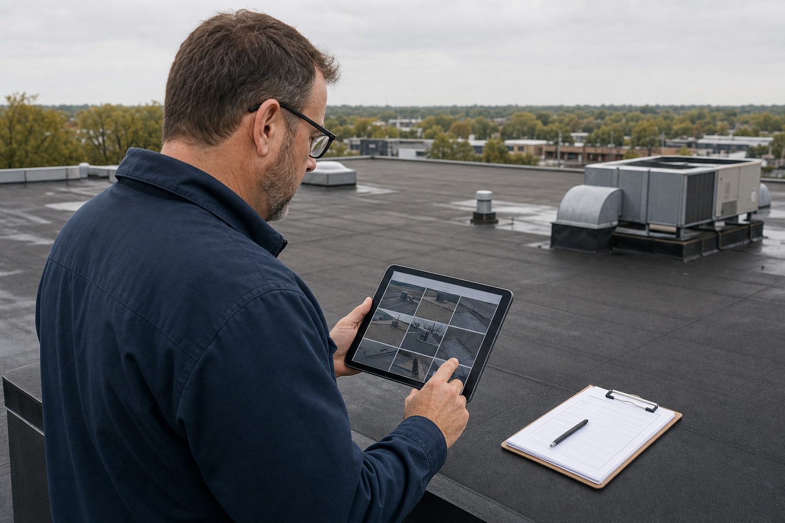 documentary photo of a property manager reviewing date-stamped roof inspection photos on a tablet beside a clipboard on a commercial rooftop, Lake County IL setting, no visible logos or text, calm practical mood, overcast light