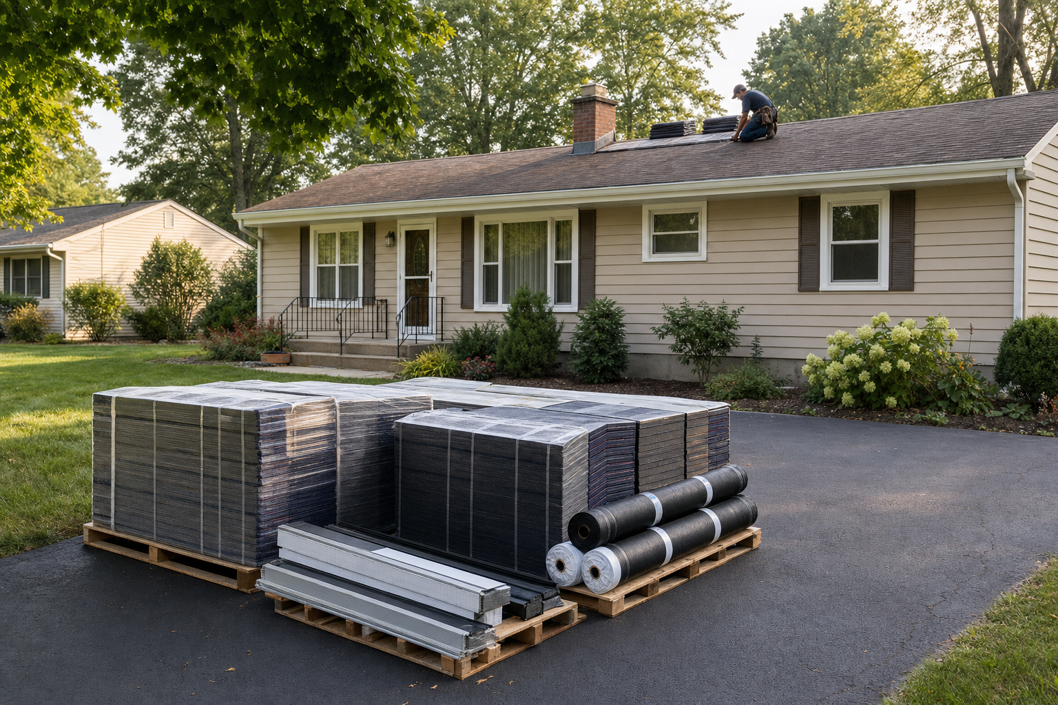 documentary photo of roofing materials staged neatly in a Waukegan Illinois driveway beside a modest vinyl-sided ranch home, bundles of architectural shingles, underlayment rolls, starter strip packaging turned away with no readable labels, "modest front lawns with mature trees" setting, soft morning light, no text on image
