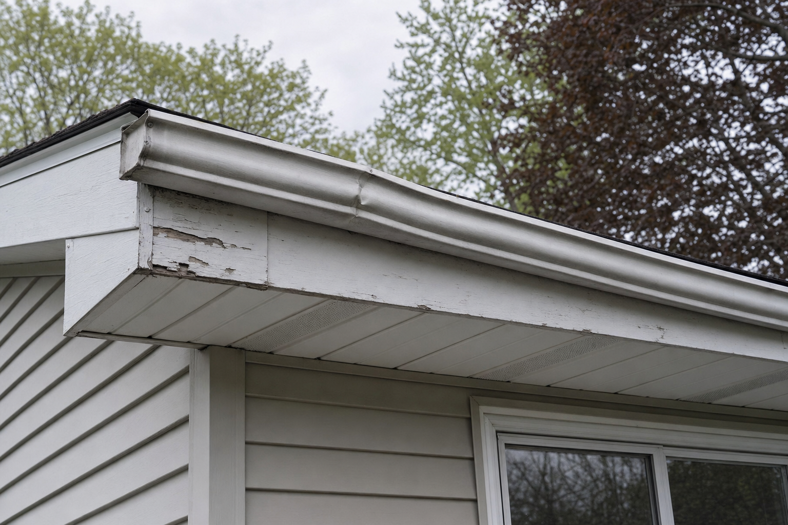 close realistic photo of dented aluminum gutter and weathered fascia on a modest Lake County ranch home with vinyl siding, overcast sky, mature trees, no people, no text