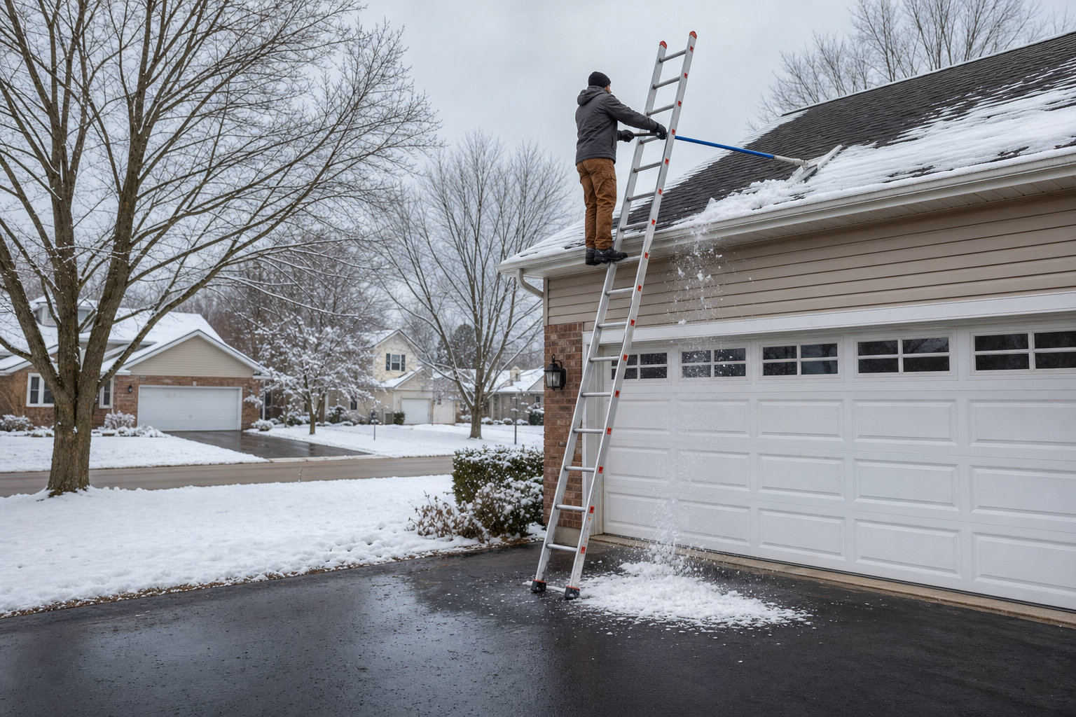 homeowner POV from driveway in Grayslake-style suburban neighborhood, roof rake removing light snow from lower asphalt shingle roof edge, snow on lawn, mature trees, overcast winter morning, no text on image
