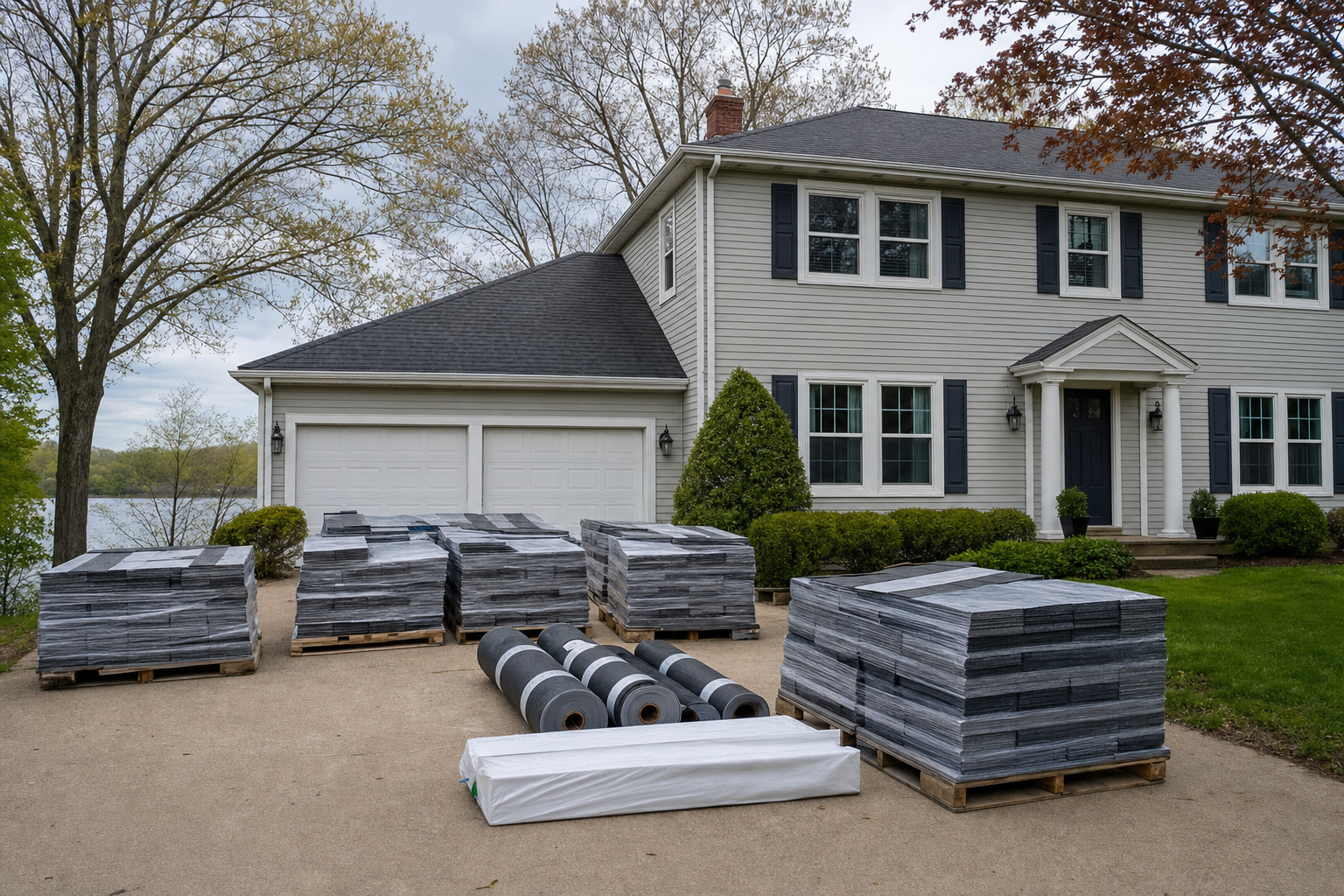 documentary photo of roofing materials staged neatly on a concrete driveway beside a Lake County two-story Colonial with vinyl siding and mature trees, bundled shingles, underlayment rolls, starter strip packaging turned away from camera, overcast spring light, no text on image
