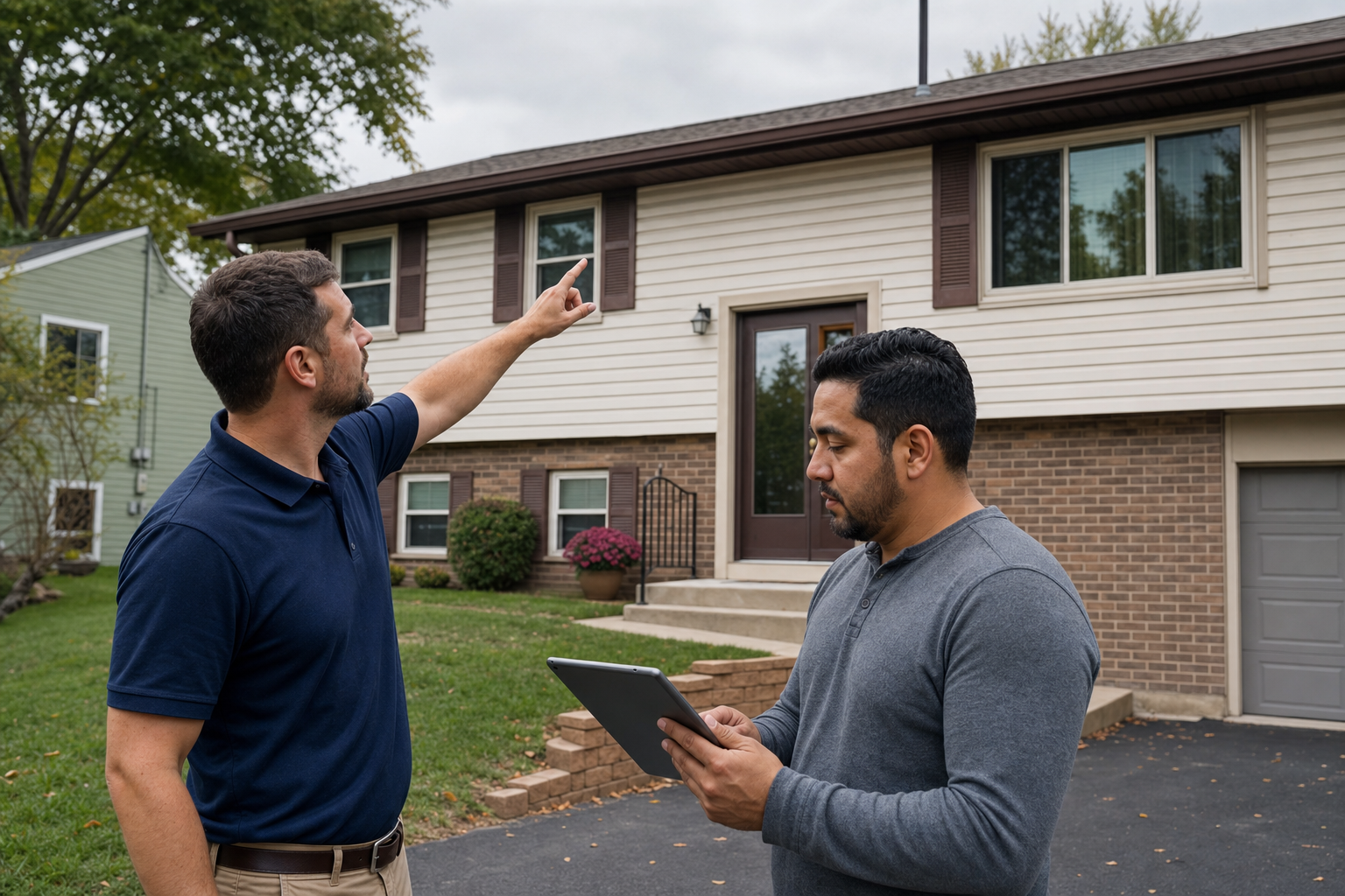 documentary photo of a Lake Point exterior specialist on a driveway pointing up toward the roofline of a modest Waukegan split-level home, plain solid dark navy polo with no visible logo or text, homeowner beside them reviewing a tablet, overcast afternoon light