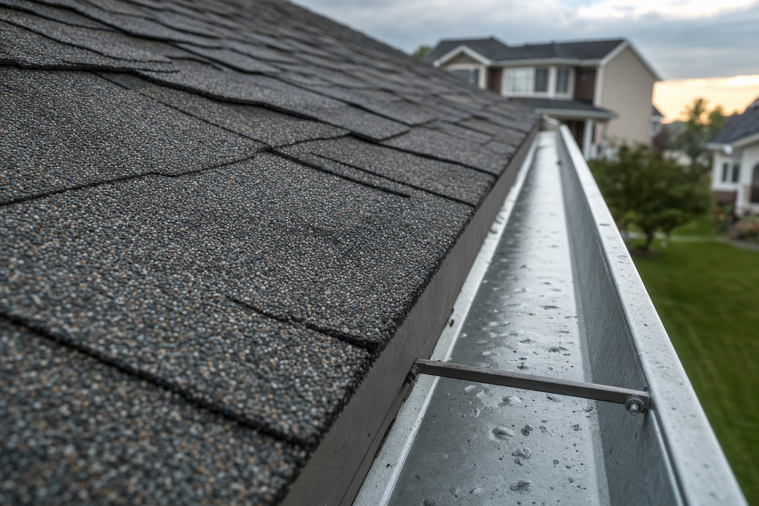 acercamiento realista de una teja asfáltica arquitectónica con pérdida leve de gránulos y canaleta metálica con pequeñas marcas de granizo, casa suburbana de Illinois fuera de foco al fondo, luz suave después de tormenta, sin personas, sin texto