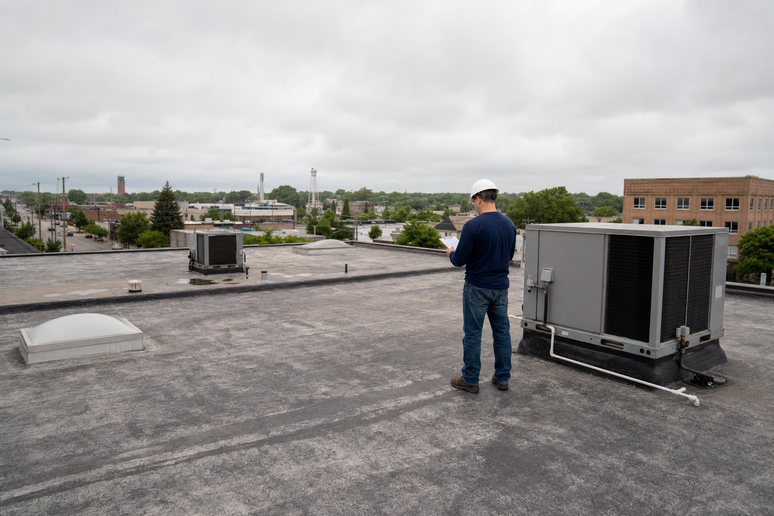 wide documentary photo of a low-slope commercial roof inspection from a safe distance, crew member in plain solid dark navy long-sleeve shirt, white hard hat, no logo or text visible, standing away from roof edge near rooftop unit, Waukegan commercial district, realistic overcast light