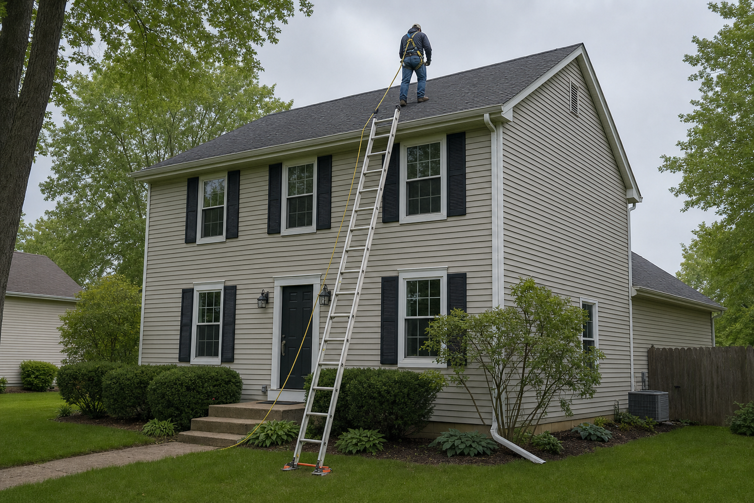 ground-level documentary photo of a Lake Point-style roof inspection setup outside a modest Gurnee Illinois two-story Colonial home, secured ladder fully visible with stable footing, asphalt shingle roof, vinyl siding, mature trees, "safe ground-level or secured-ladder inspection framing", overcast afternoon light, no people on roof, no text on image