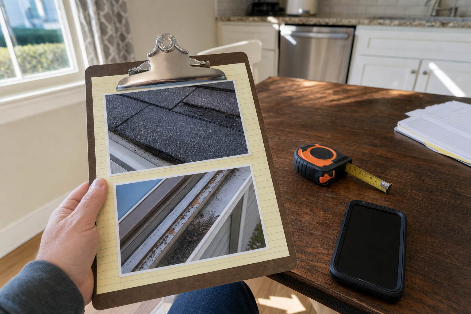 homeowner POV photo of a clipboard with roof repair notes, printed photos of shingle and gutter damage, tape measure and phone on a kitchen table, natural morning light, no visible branding, no text legible