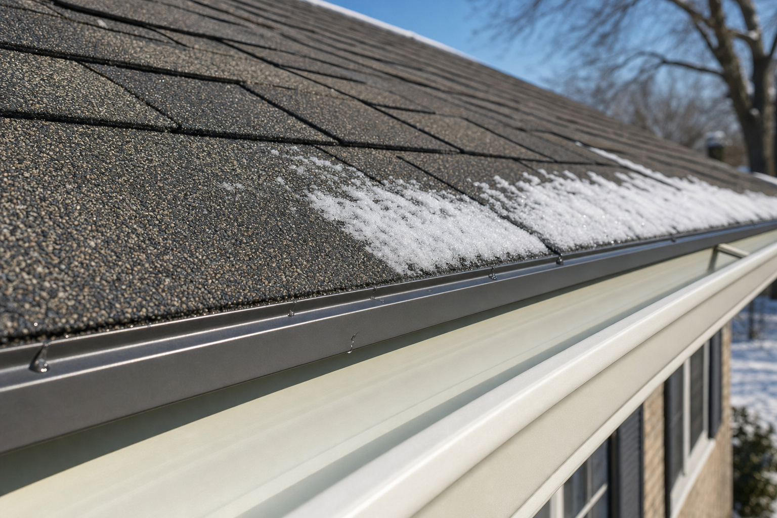 close-up documentary photo of asphalt shingles, metal drip edge, clean gutter, and light snow at the eave of a Lake County ranch home, crisp winter daylight, no people, no text on image