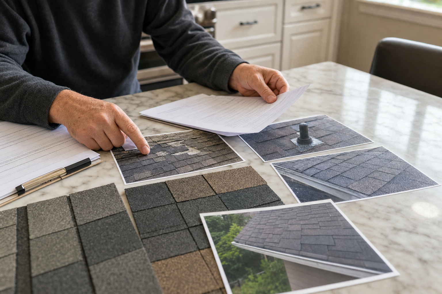 documentary photo of roofing estimate paperwork, shingle color samples, and close-up roof inspection photos spread on a kitchen table, homeowner hands reviewing documents, natural light, no readable text