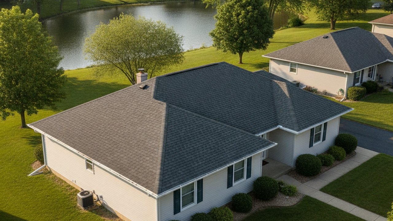 New asphalt shingle roof on a lakeside ranch-style home in Beach Park, Illinois, installed by Lake Point Exteriors.