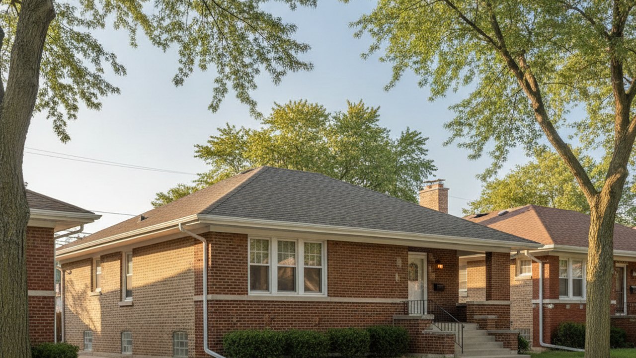 Tejado nuevo de tejas asfálticas en una casa estilo bungalow de Chicago, Illinois — instalación y restauración de techos por Lake Point Exteriors.
