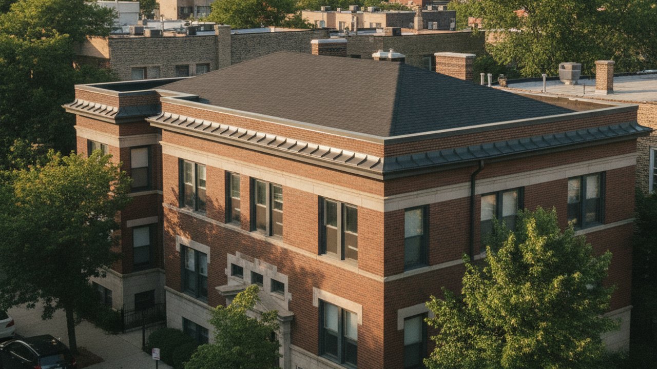 New roof on a brick home with the Chicago skyline beyond — residential roofing and storm restoration by Lake Point Exteriors in Chicago, Illinois.
