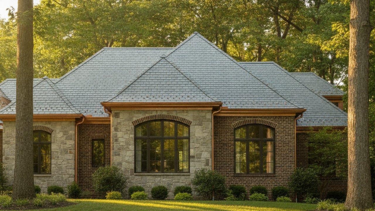 Slate-style roof on a stately estate home in Lake Forest, Illinois, completed by Lake Point Exteriors roofing crews.