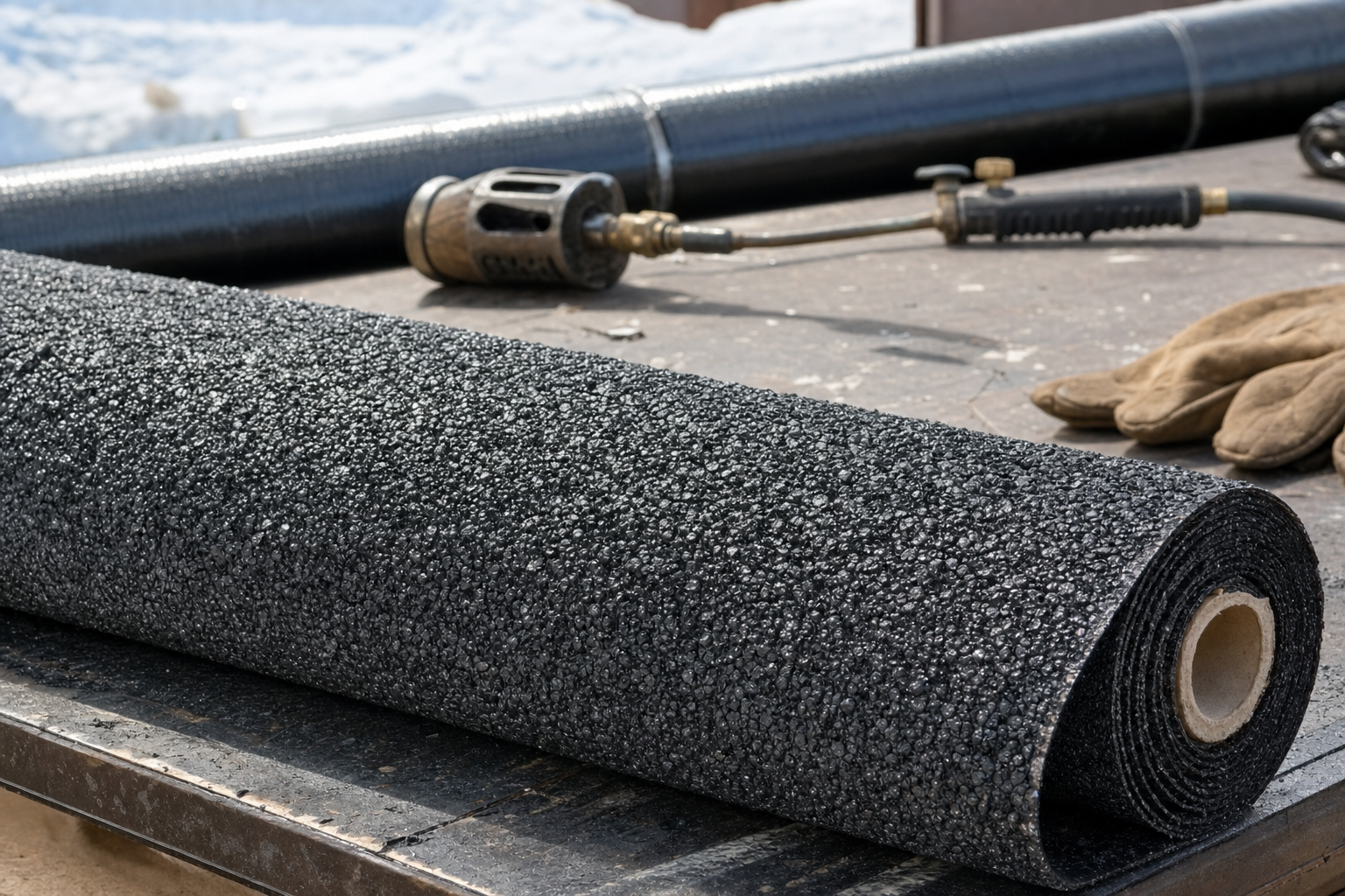 close-up real photograph of granulated SBS modified bitumen membrane on a work table beside roofing tools, winter daylight, sharp texture detail, no logos, no text