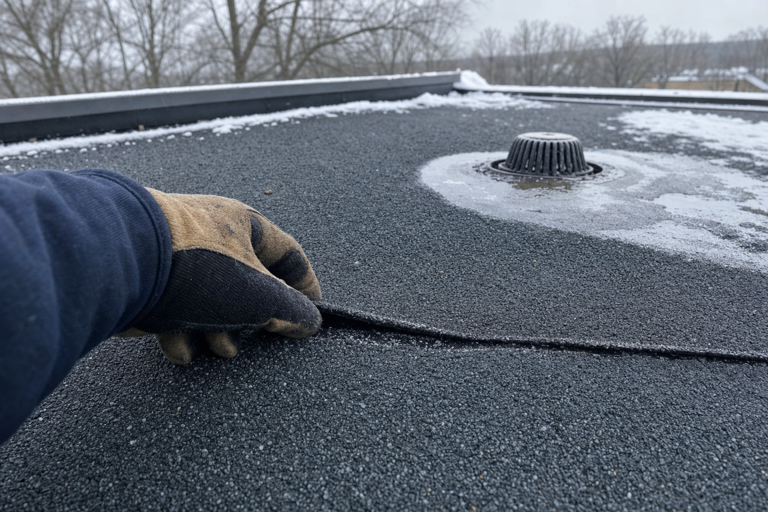 close-up documentary photo of a granule-surfaced SBS modified bitumen membrane on a low-slope roof, light snow residue near a roof drain, gloved hand checking the seam edge, overcast winter morning, no text