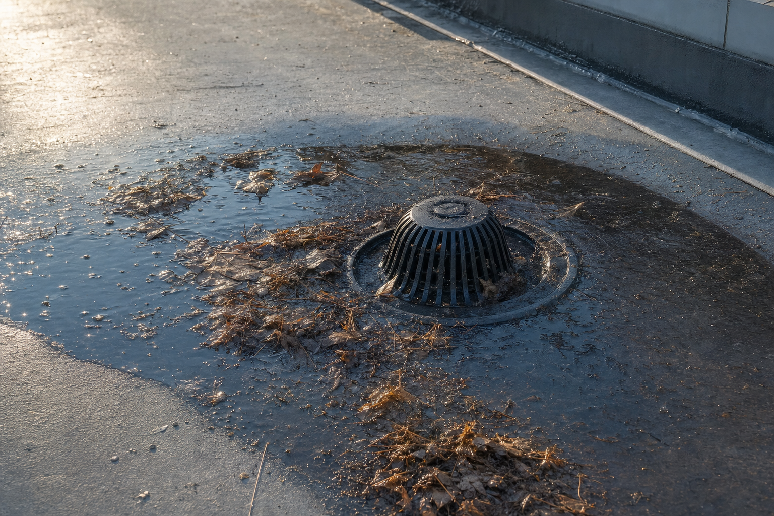 close documentary photo of standing water and leaf debris collected near a commercial roof drain on a Midwest flat roof, early morning light, realistic texture, no text on image
