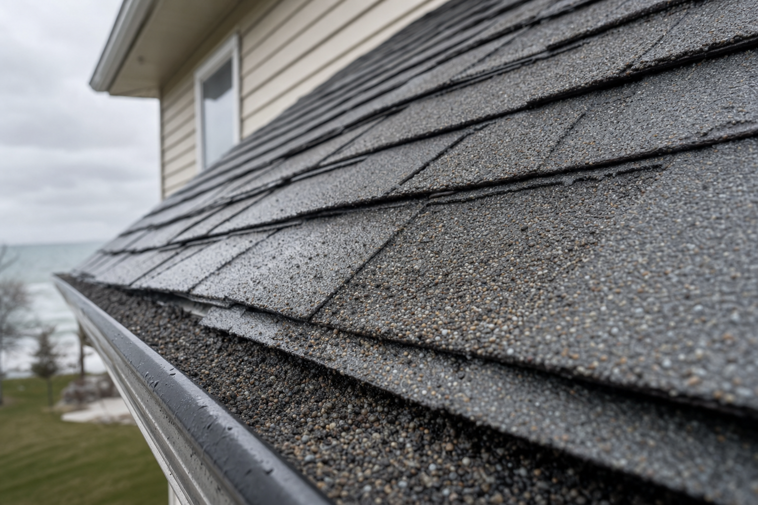 close-up documentary photo of weathered asphalt shingles on a Lake County roof after rain, visible granules near the gutter, modest vinyl siding in soft focus, overcast Lake Michigan moody gray light, no people, no text on image