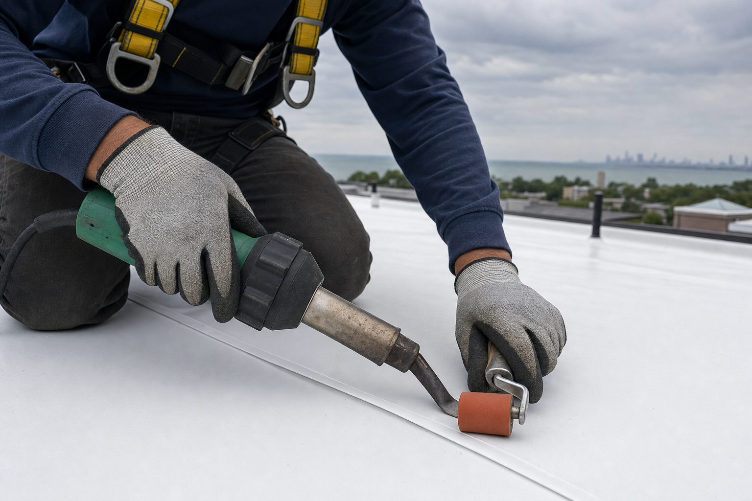 close documentary photo of a clean white TPO roof membrane seam being heat-welded on a Lake County commercial building, worker shown hands-only with safety gloves and welding tool, overcast Lake Michigan moody gray light, no visible logo or text; cite visual_directives: "The brand is hyperlocal to **Waukegan, IL and surrounding Lake County / Lake Michigan-shore communities**"; "Crew on the roof: show actual workers in branded gear (Lake Point navy `#0A2E5C` shirts/hats), wearing safety harnesses, real tools"; "No models. No fake-clean white t-shirts."
