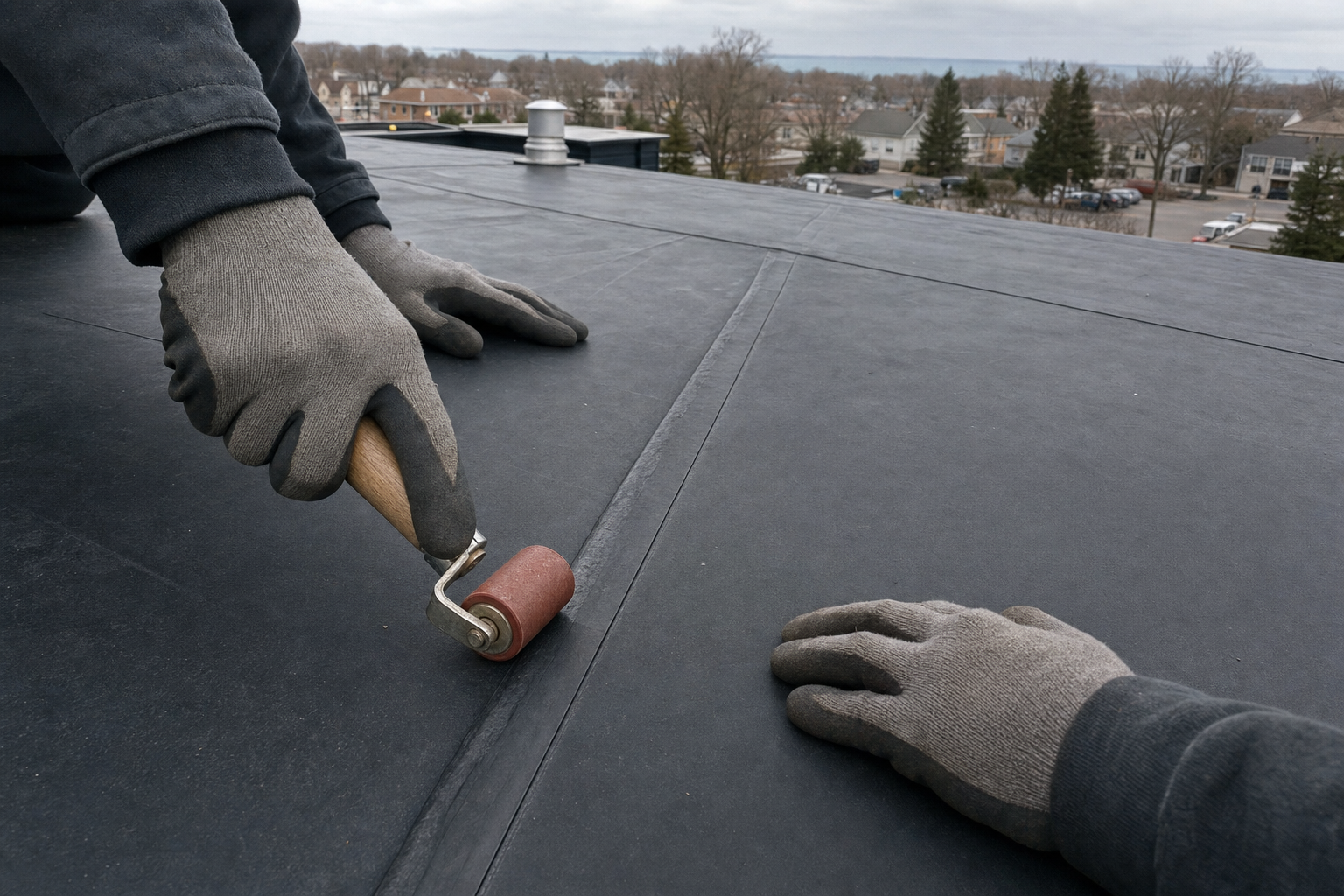 close documentary photo of black EPDM membrane seams being inspected on a Lake County commercial roof, hands-only roofer composition with gloves and seam roller, “Mid-century to 1990s-era suburban” surroundings in distant background, often overcast / Lake Michigan moody gray light, no visible logo or text